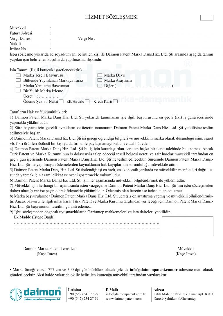Sözleşme Örneği – Daimon Patent